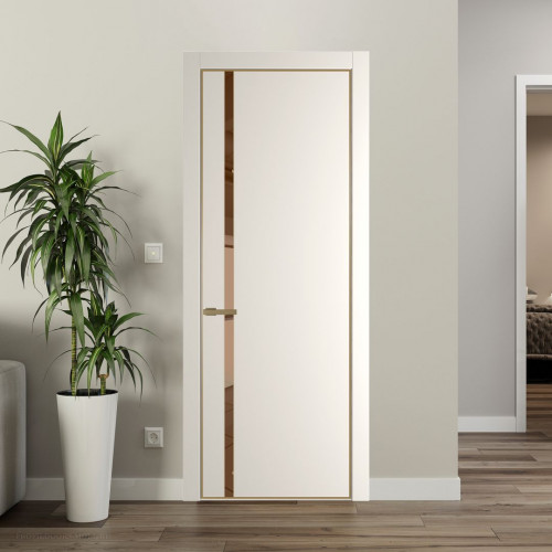Межкомнатная дверь ProfilDoors 21 PE с вставкой из стекла зеркало bronze Перламутр белый с алюминиевой кромкой Золото