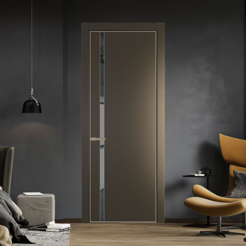 Межкомнатная дверь ProfilDoors 21 PE с вставкой из стекла зеркало grey Перламутр бронза с алюминиевой кромкой Никель