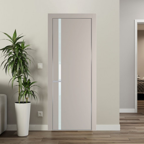 Межкомнатная дверь ProfilDoors 21 PE с вставкой из стекла белый лак Сэнд с алюминиевой кромкой Серебро