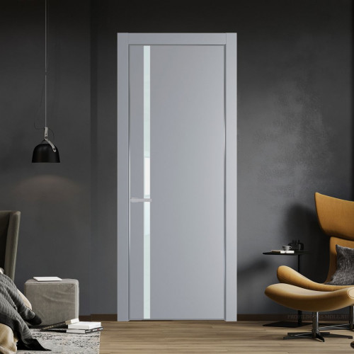 Межкомнатная дверь ProfilDoors 21 PE с вставкой из стекла белый лак Смоки с алюминиевой кромкой Серебро