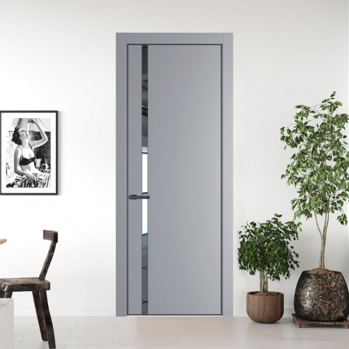 Межкомнатная дверь ProfilDoors 21 PE с вставкой из стекла зеркало Смоки с алюминиевой кромкой Серая Ночь