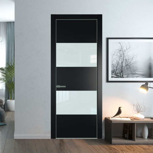 Межкомнатная дверь ProfilDoors 22 PE с вставкой из стекла белый лак Блэк с алюминиевой кромкой Зеленый воск