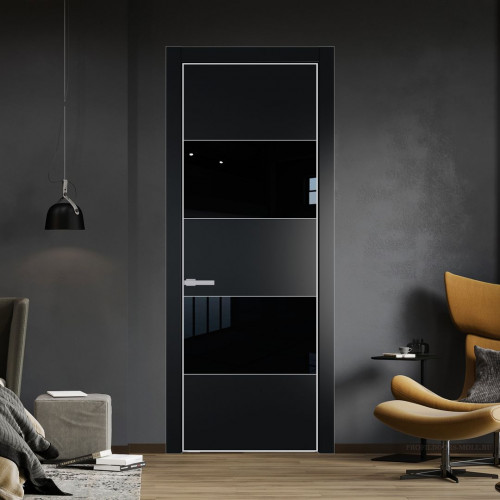 Межкомнатная дверь ProfilDoors 22 PE с вставкой из стекла черный лак Блэк с алюминиевой кромкой Матовая