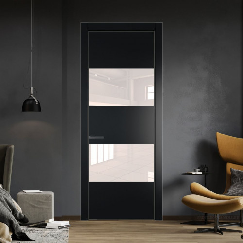 Межкомнатная дверь ProfilDoors 22 PE с вставкой из стекла перламутровый лак Блэк с алюминиевой кромкой Серая Ночь