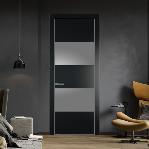 Межкомнатная дверь ProfilDoors 22 PE с вставкой из стекла серебро матлак Блэк с алюминиевой кромкой Зеленый воск