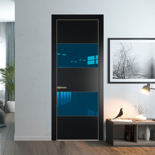 Межкомнатная дверь ProfilDoors 22 PE с вставкой из стекла зеркало blue Блэк с алюминиевой кромкой Шампань