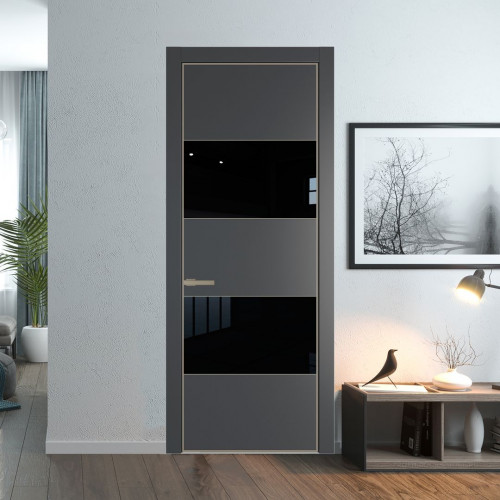 Межкомнатная дверь ProfilDoors 22 PE с вставкой из стекла черный лак Графит с алюминиевой кромкой Никель