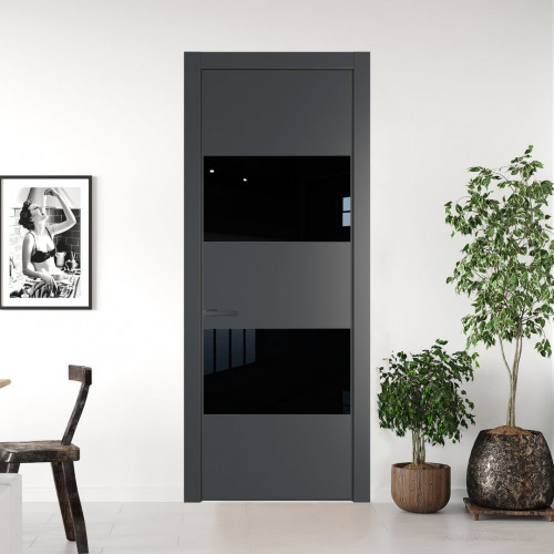 Межкомнатная дверь ProfilDoors 22 PE с вставкой из стекла черный лак Графит с алюминиевой кромкой Серая Ночь
