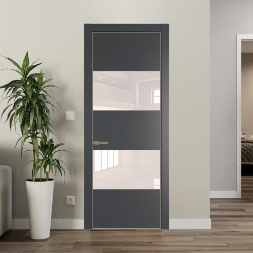Межкомнатная дверь ProfilDoors 22 PE с вставкой из стекла перламутровый лак Графит с алюминиевой кромкой Шампань
