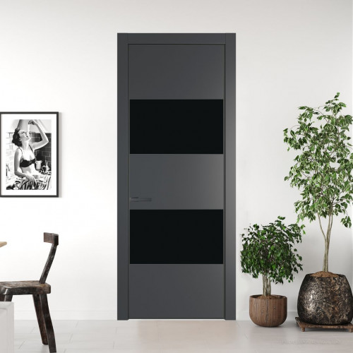 Межкомнатная дверь ProfilDoors 22 PE с вставкой из стекла монохром черный Графит с алюминиевой кромкой Серая Ночь