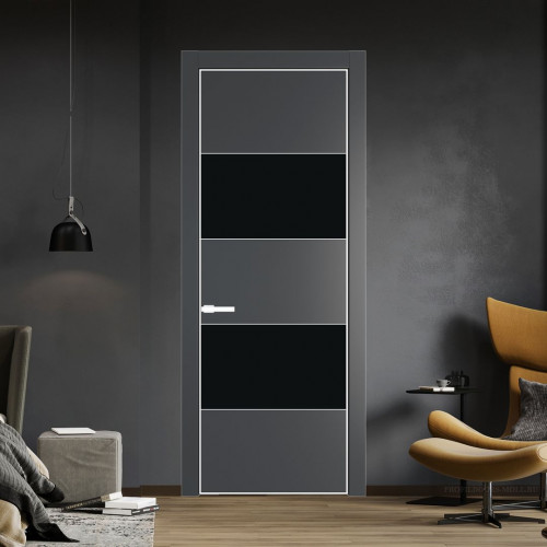 Межкомнатная дверь ProfilDoors 22 PE с вставкой из стекла монохром черный Графит с алюминиевой кромкой Вайт