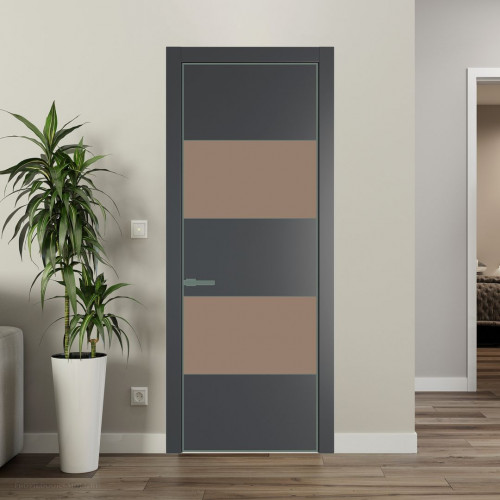 Межкомнатная дверь ProfilDoors 22 PE с вставкой из стекла монохром капучино Графит с алюминиевой кромкой Зеленый воск