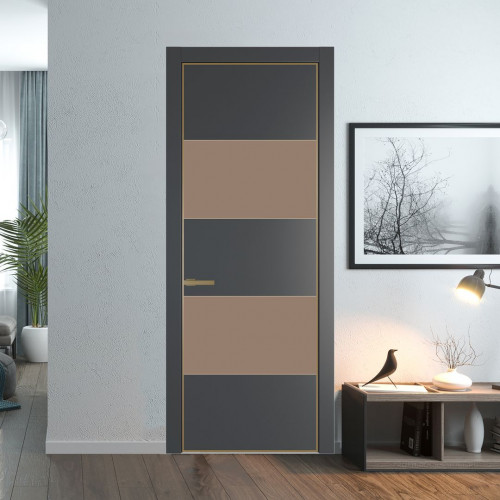 Межкомнатная дверь ProfilDoors 22 PE с вставкой из стекла монохром капучино Графит с алюминиевой кромкой Золото