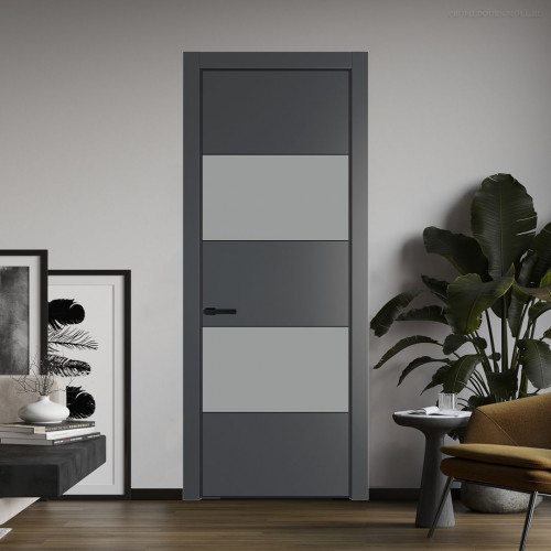 Межкомнатная дверь ProfilDoors 22 PE с вставкой из стекла монохром серый Графит с алюминиевой кромкой Черный