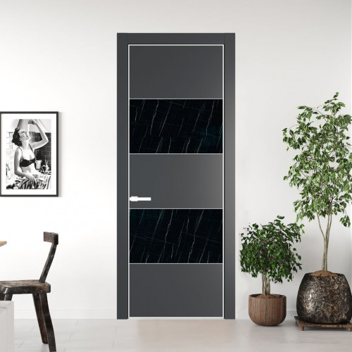 Межкомнатная дверь ProfilDoors 22 PE с вставкой из стекла неро мрамор Графит с алюминиевой кромкой Вайт