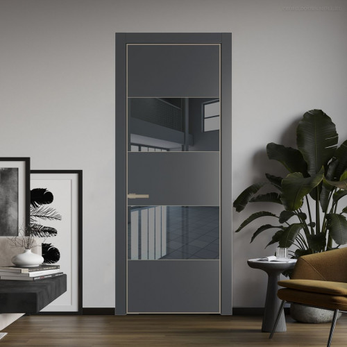 Межкомнатная дверь ProfilDoors 22 PE с вставкой из стекла зеркало grey Графит с алюминиевой кромкой Никель