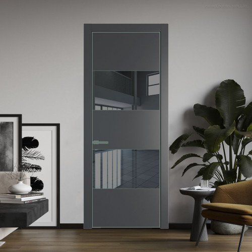 Межкомнатная дверь ProfilDoors 22 PE с вставкой из стекла зеркало grey Графит с алюминиевой кромкой Зеленый воск