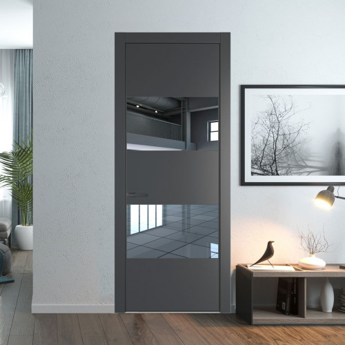 Межкомнатная дверь ProfilDoors 22 PE с вставкой из стекла зеркало Графит с алюминиевой кромкой Серая Ночь