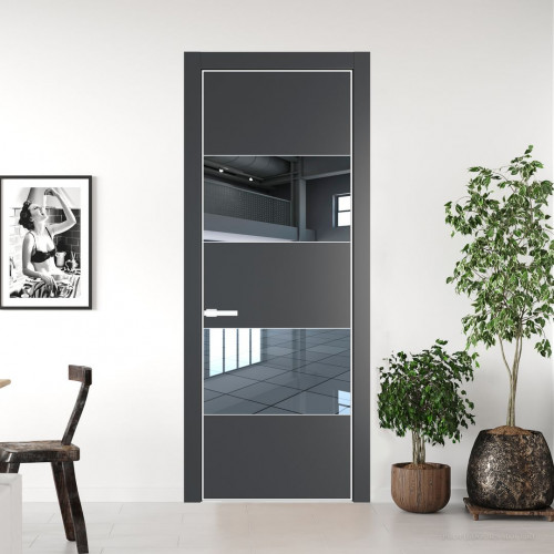 Межкомнатная дверь ProfilDoors 22 PE с вставкой из стекла зеркало Графит с алюминиевой кромкой Вайт