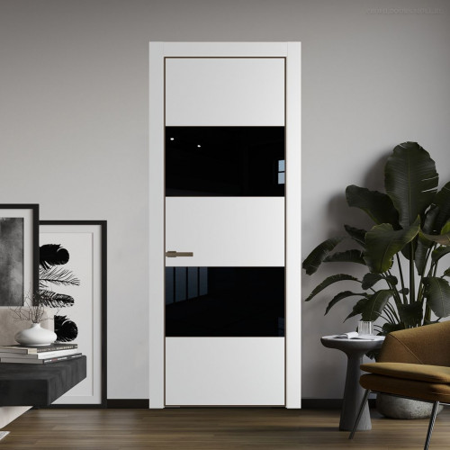 Межкомнатная дверь ProfilDoors 22 PE с вставкой из стекла черный лак Крем Вайт с алюминиевой кромкой Деорэ