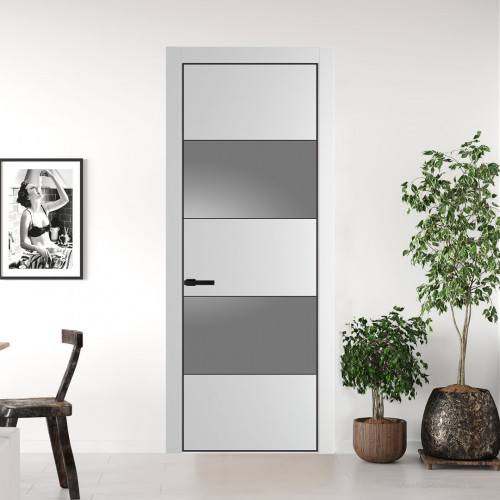 Межкомнатная дверь ProfilDoors 22 PE с вставкой из стекла серебро матлак Крем Вайт с алюминиевой кромкой Черный
