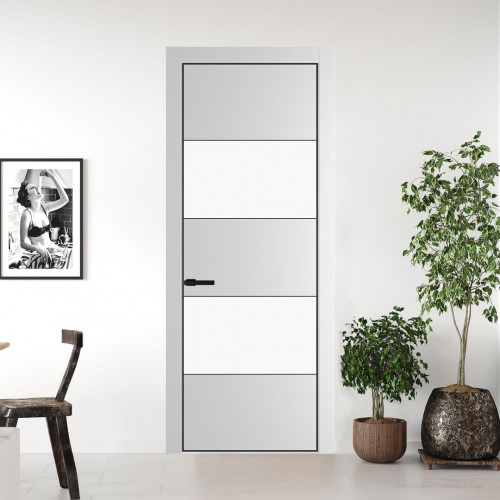 Межкомнатная дверь ProfilDoors 22 PE с вставкой из стекла монохром белый просветленный Крем Вайт с алюминиевой кромкой Черный