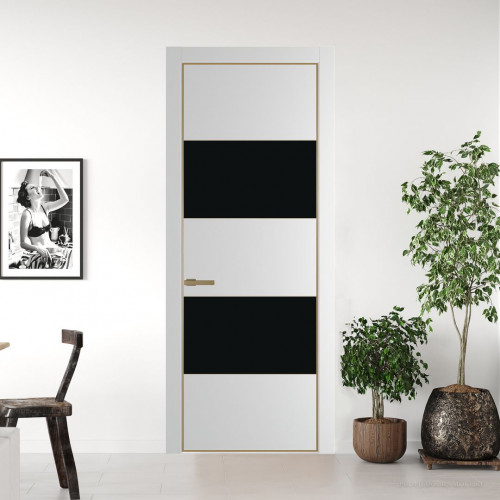 Межкомнатная дверь ProfilDoors 22 PE с вставкой из стекла монохром черный Крем Вайт с алюминиевой кромкой Золото