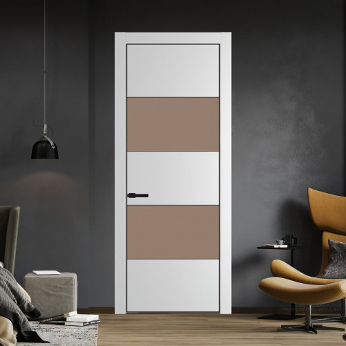 Межкомнатная дверь ProfilDoors 22 PE с вставкой из стекла монохром капучино Крем Вайт с алюминиевой кромкой Черный
