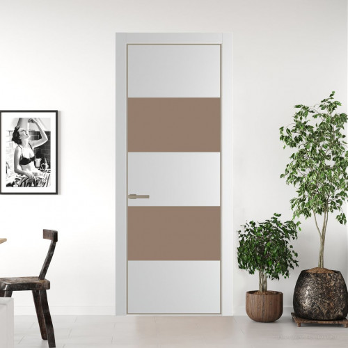 Межкомнатная дверь ProfilDoors 22 PE с вставкой из стекла монохром капучино Крем Вайт с алюминиевой кромкой Никель