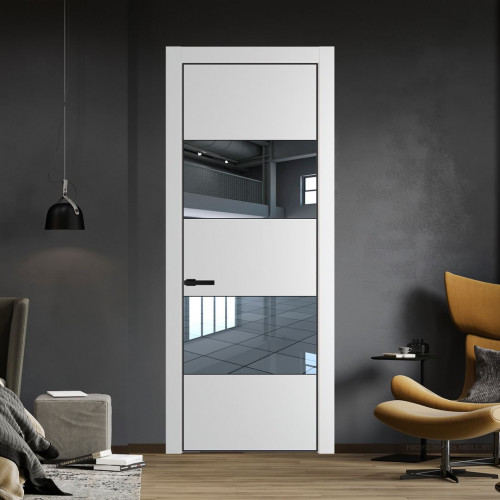 Межкомнатная дверь ProfilDoors 22 PE с вставкой из стекла зеркало Крем Вайт с алюминиевой кромкой Черный