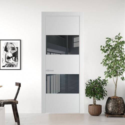 Межкомнатная дверь ProfilDoors 22 PE с вставкой из стекла зеркало grey Крем Вайт с алюминиевой кромкой Матовая