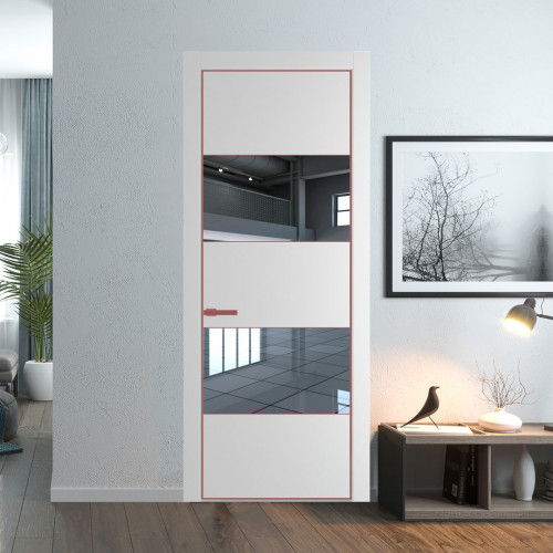 Межкомнатная дверь ProfilDoors 22 PE с вставкой из стекла зеркало Крем Вайт с алюминиевой кромкой Красный антрацит