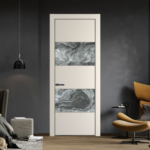 Межкомнатная дверь ProfilDoors 22 PE с вставкой из стекла атриум серебро Кремовая Магнолия с алюминиевой кромкой Серая Ночь