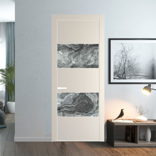 Межкомнатная дверь ProfilDoors 22 PE с вставкой из стекла атриум серебро Кремовая Магнолия с алюминиевой кромкой Вайт