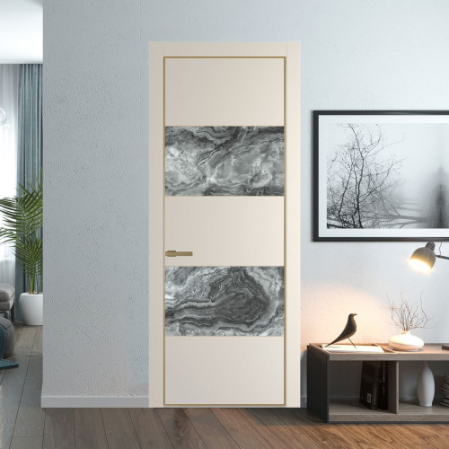 Межкомнатная дверь ProfilDoors 22 PE с вставкой из стекла атриум серебро Кремовая Магнолия с алюминиевой кромкой Золото