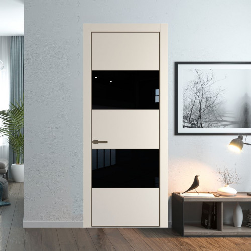 Межкомнатная дверь ProfilDoors 22 PE с вставкой из стекла черный лак Кремовая Магнолия с алюминиевой кромкой Деорэ