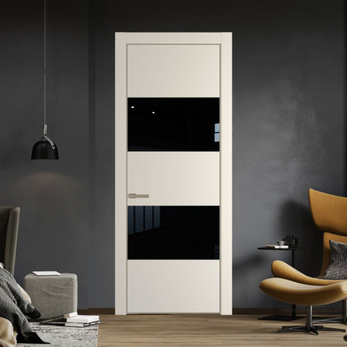 Межкомнатная дверь ProfilDoors 22 PE с вставкой из стекла черный лак Кремовая Магнолия с алюминиевой кромкой Никель