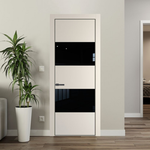Межкомнатная дверь ProfilDoors 22 PE с вставкой из стекла черный лак Кремовая Магнолия с алюминиевой кромкой Серая Ночь