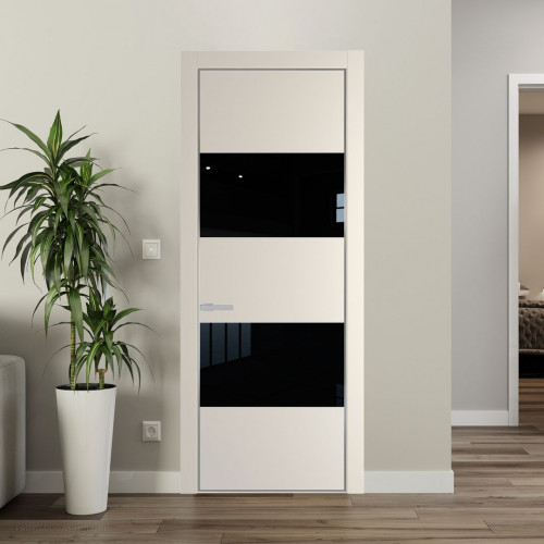 Межкомнатная дверь ProfilDoors 22 PE с вставкой из стекла черный лак Кремовая Магнолия с алюминиевой кромкой Серебро