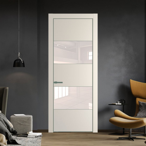 Межкомнатная дверь ProfilDoors 22 PE с вставкой из стекла перламутровый лак Кремовая Магнолия с алюминиевой кромкой Зеленый воск