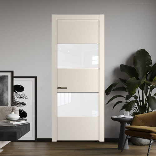 Межкомнатная дверь ProfilDoors 22 PE с вставкой из стекла лак классик Кремовая Магнолия с алюминиевой кромкой Деорэ
