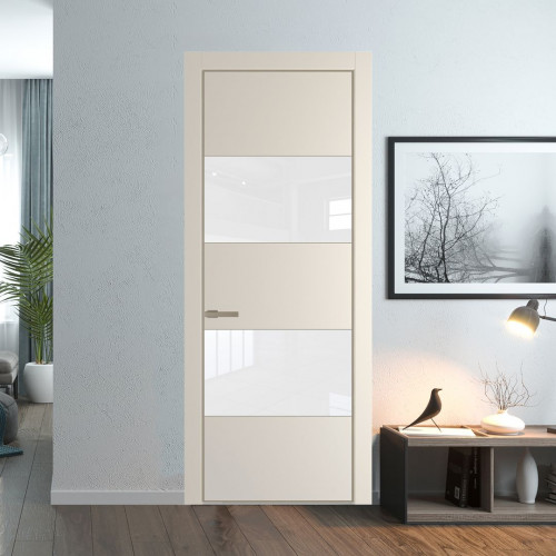 Межкомнатная дверь ProfilDoors 22 PE с вставкой из стекла лак классик Кремовая Магнолия с алюминиевой кромкой Никель