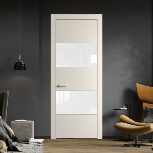 Межкомнатная дверь ProfilDoors 22 PE с вставкой из стекла лак классик Кремовая Магнолия с алюминиевой кромкой Шампань