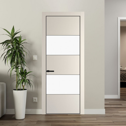 Межкомнатная дверь ProfilDoors 22 PE с вставкой из стекла монохром белый просветленный Кремовая Магнолия с алюминиевой кромкой Черный