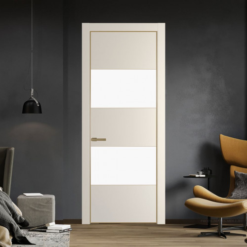 Межкомнатная дверь ProfilDoors 22 PE с вставкой из стекла монохром белый просветленный Кремовая Магнолия с алюминиевой кромкой Золото