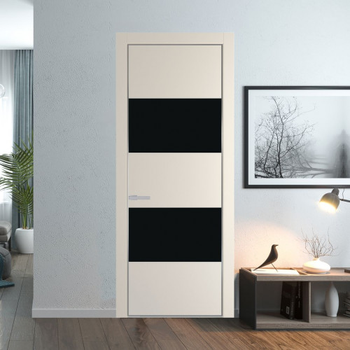 Межкомнатная дверь ProfilDoors 22 PE с вставкой из стекла монохром черный Кремовая Магнолия с алюминиевой кромкой Серебро