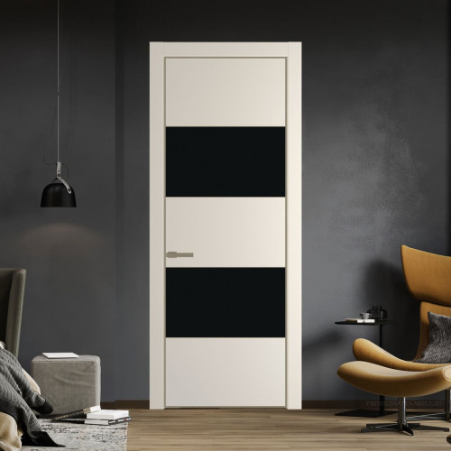 Межкомнатная дверь ProfilDoors 22 PE с вставкой из стекла монохром черный Кремовая Магнолия с алюминиевой кромкой Шампань