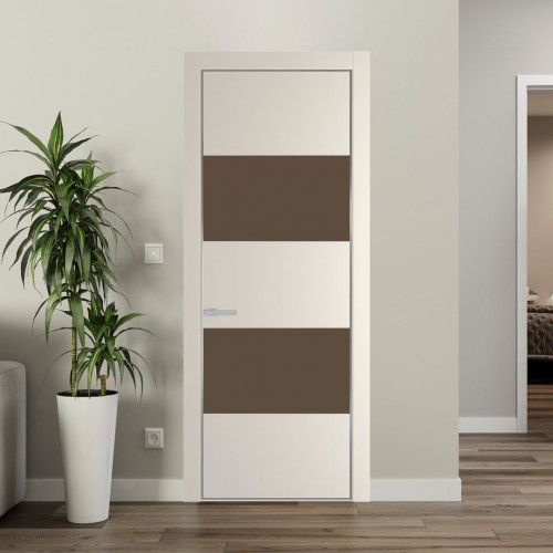 Межкомнатная дверь ProfilDoors 22 PE с вставкой из стекла монохром гляссе Кремовая Магнолия с алюминиевой кромкой Серебро