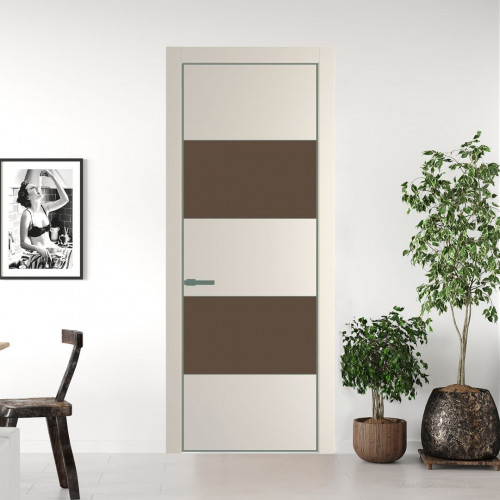 Межкомнатная дверь ProfilDoors 22 PE с вставкой из стекла монохром гляссе Кремовая Магнолия с алюминиевой кромкой Зеленый воск