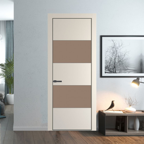 Межкомнатная дверь ProfilDoors 22 PE с вставкой из стекла монохром капучино Кремовая Магнолия с алюминиевой кромкой Серая Ночь